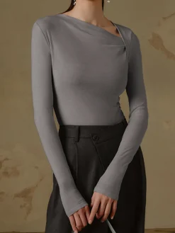 Ribbed Knit Long Sleeve Asymmetric Shirt T-shirts|Knitwear