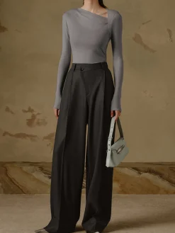 Ribbed Knit Long Sleeve Asymmetric Shirt T-shirts|Knitwear