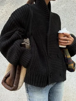Outlet Ribbed Lapel Button Knit Outerwear Sweater Tops|Outerwear