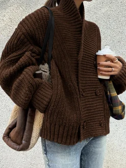 Outlet Ribbed Lapel Button Knit Outerwear Sweater Tops|Outerwear
