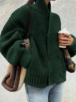 Online Ribbed Lapel Button Knit Outerwear Sweater Tops|Outerwear