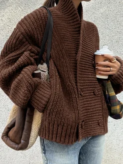 Online Ribbed Lapel Button Knit Outerwear Sweater Tops|Outerwear