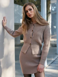 New Ribbed Lapel Button Skirt Set Skirt Sets|Long Sleeve Sets