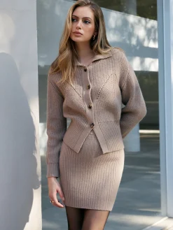 New Ribbed Lapel Button Skirt Set Skirt Sets|Long Sleeve Sets
