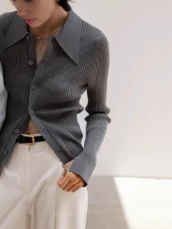New Ribbed Lapel Slim Cardigan Cardigans|Sweaters & Cardigans