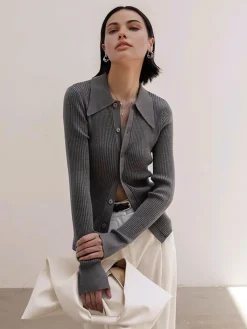 New Ribbed Lapel Slim Cardigan Cardigans|Sweaters & Cardigans