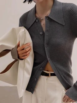 New Ribbed Lapel Slim Cardigan Cardigans|Sweaters & Cardigans