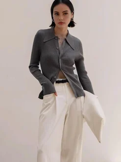 New Ribbed Lapel Slim Cardigan Cardigans|Sweaters & Cardigans