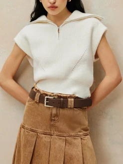 New Ribbed Lapel Zipper Sweater Vest Sweater Vests|Sweaters & Cardigans