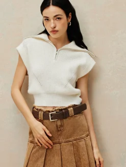 New Ribbed Lapel Zipper Sweater Vest Sweater Vests|Sweaters & Cardigans