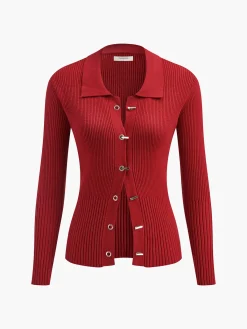 Hot Ribbed Metal Design Polo Cardigan Cardigans|Sweaters & Cardigans