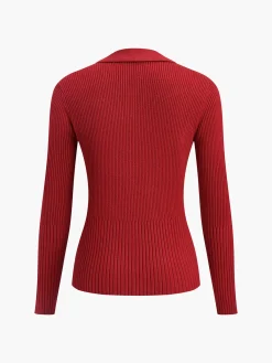 Hot Ribbed Metal Design Polo Cardigan Cardigans|Sweaters & Cardigans