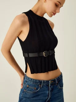 Sale Ribbed Mock Neck Tank Top With Leather Belt Sweater Vests|Sweaters & Cardigans