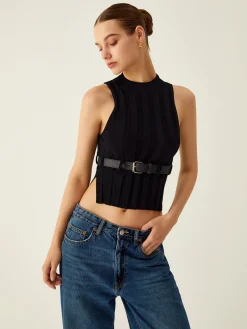 Sale Ribbed Mock Neck Tank Top With Leather Belt Sweater Vests|Sweaters & Cardigans