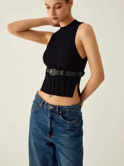 Sale Ribbed Mock Neck Tank Top With Leather Belt Sweater Vests|Sweaters & Cardigans