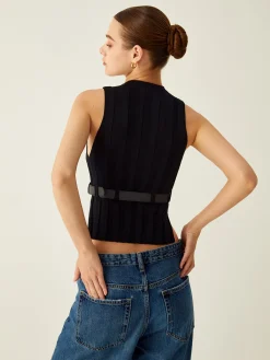 Sale Ribbed Mock Neck Tank Top With Leather Belt Sweater Vests|Sweaters & Cardigans