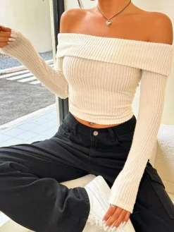 Online Ribbed Off-Shoulder Crop Blouse Crop Tops|Blouses & Shirts