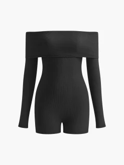 Sale Ribbed Off-Shoulder Plain Jumpsuit Black Dresses|Jumpsuits & Rompers