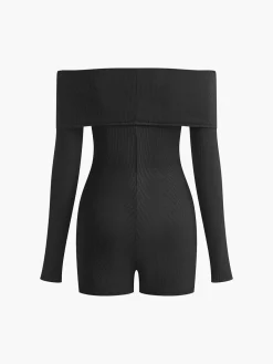 Sale Ribbed Off-Shoulder Plain Jumpsuit Black Dresses|Jumpsuits & Rompers