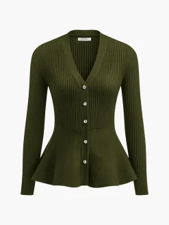 Clearance Ribbed Panel Bud Waist Button Knit Top Sweater Tops|Sweaters & Cardigans
