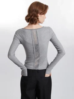 New Ribbed Panel Lace Slim Blouse Blouses & Shirts|Tops