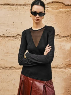Discount Ribbed Panel Sheer Blouse Blouses & Shirts|Tops