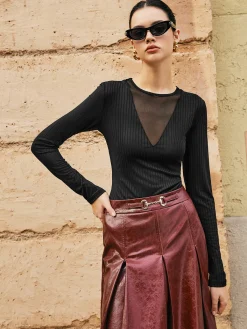 Discount Ribbed Panel Sheer Blouse Blouses & Shirts|Tops