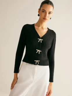 New Ribbed Rhinestone Bow Slim Cardigan Cardigans|Sweaters & Cardigans