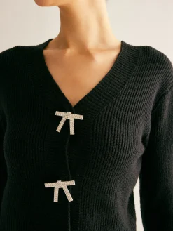 New Ribbed Rhinestone Bow Slim Cardigan Cardigans|Sweaters & Cardigans