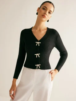 New Ribbed Rhinestone Bow Slim Cardigan Cardigans|Sweaters & Cardigans