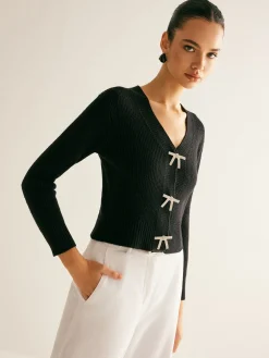New Ribbed Rhinestone Bow Slim Cardigan Cardigans|Sweaters & Cardigans
