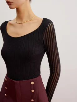 Hot Ribbed Sheer Sleeve Sweater Sweater Tops|Sweaters & Cardigans