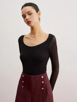 Hot Ribbed Sheer Sleeve Sweater Sweater Tops|Sweaters & Cardigans
