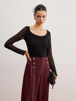 Hot Ribbed Sheer Sleeve Sweater Sweater Tops|Sweaters & Cardigans