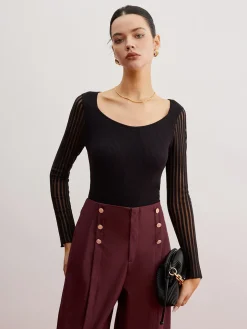 Hot Ribbed Sheer Sleeve Sweater Sweater Tops|Sweaters & Cardigans