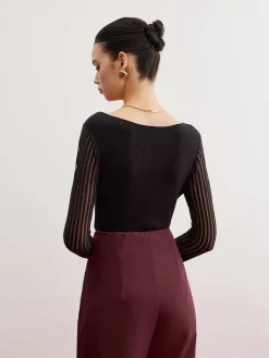 Hot Ribbed Sheer Sleeve Sweater Sweater Tops|Sweaters & Cardigans