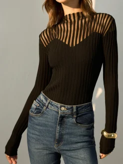 Discount Ribbed Sheer-Shoulder Knit Top Sweater Tops|Sweaters & Cardigans