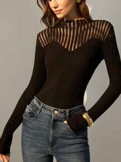 Discount Ribbed Sheer-Shoulder Knit Top Sweater Tops|Sweaters & Cardigans