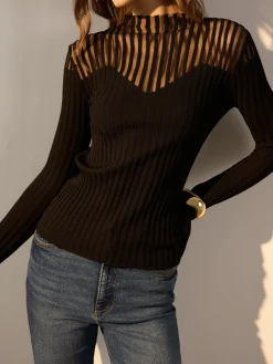 Discount Ribbed Sheer-Shoulder Knit Top Sweater Tops|Sweaters & Cardigans