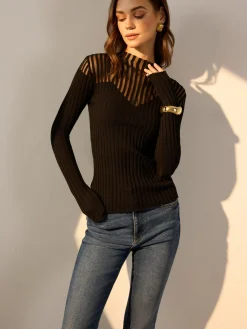 Discount Ribbed Sheer-Shoulder Knit Top Sweater Tops|Sweaters & Cardigans