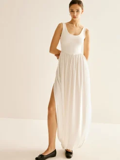 Best Ribbed Side Split Pleated Tank Dress White Dresses|Summer Dresses