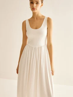 Best Ribbed Side Split Pleated Tank Dress White Dresses|Summer Dresses