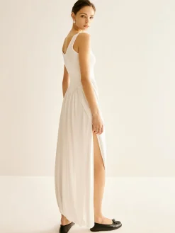 Best Ribbed Side Split Pleated Tank Dress White Dresses|Summer Dresses