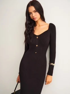 Clearance Ribbed Slim Sweater Midi Dress Black Dresses|Sweater Dresses