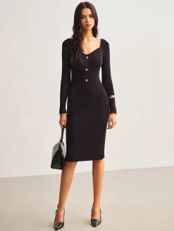 Clearance Ribbed Slim Sweater Midi Dress Black Dresses|Sweater Dresses