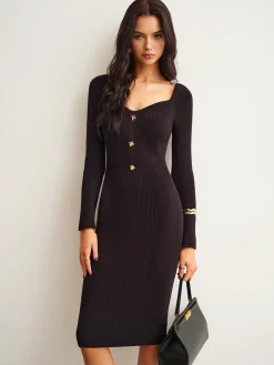 Clearance Ribbed Slim Sweater Midi Dress Black Dresses|Sweater Dresses