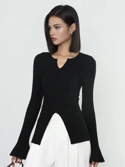 Hot Ribbed Split Ruffle Knit Top Sweater Tops|Sweaters & Cardigans
