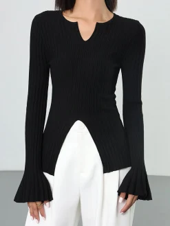 Hot Ribbed Split Ruffle Knit Top Sweater Tops|Sweaters & Cardigans
