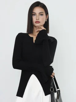 Hot Ribbed Split Ruffle Knit Top Sweater Tops|Sweaters & Cardigans