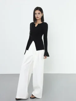 Hot Ribbed Split Ruffle Knit Top Sweater Tops|Sweaters & Cardigans